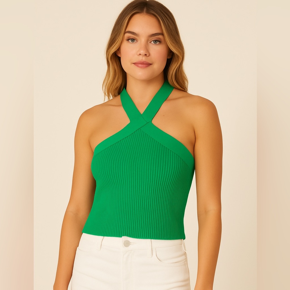 House Of Harlow 1960 Green Crop Ribbed Sculpt Knit Criss Cross Top Large